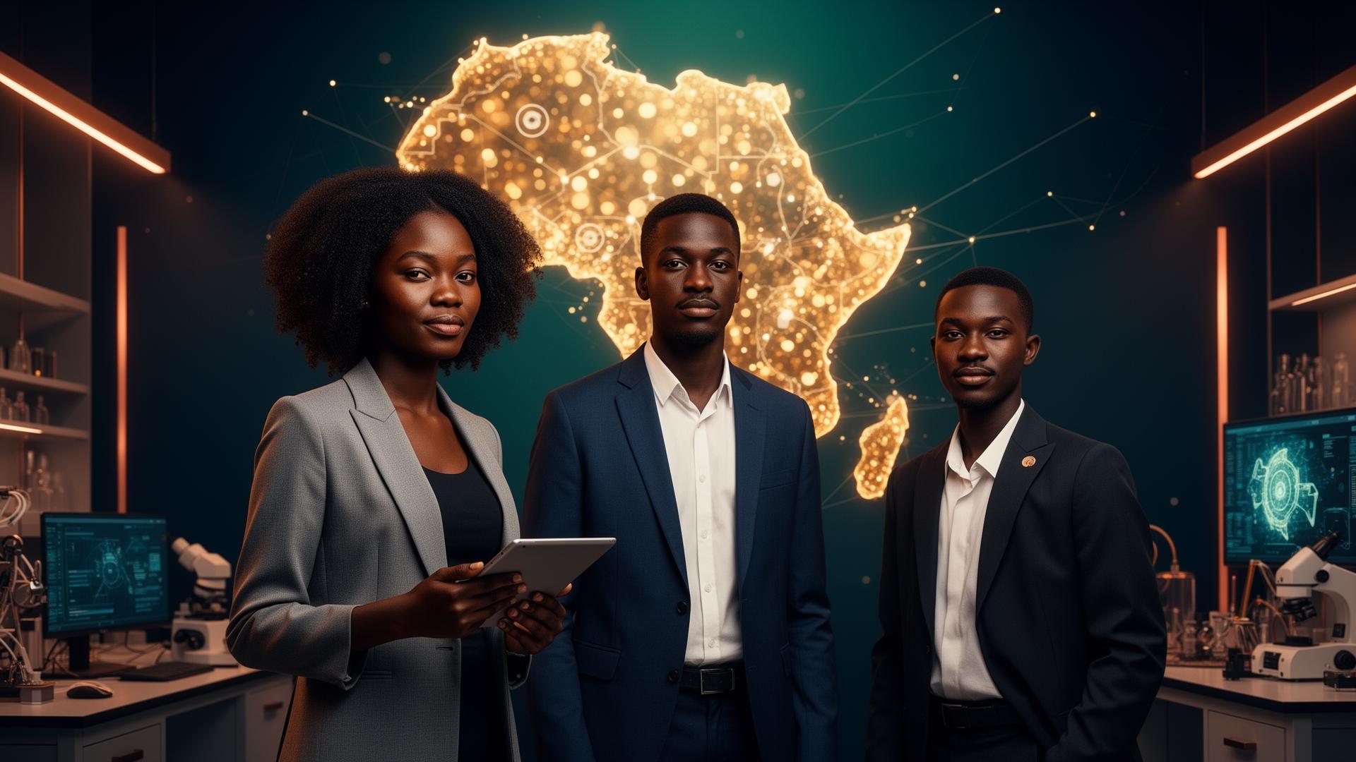 African technologists, founders and researchers in front of an illuminated map of Africa